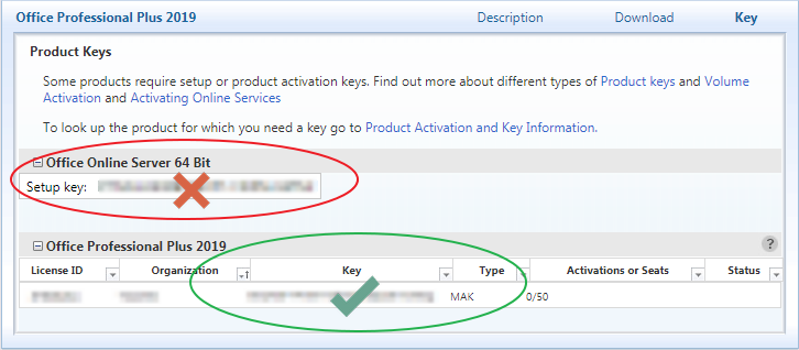 En la tabla, bajo el nombre del producto, encontrarás la clave del producto, en la columna titulada Clave. La columna Tipo para la clave debe decir MAK, no KMS.