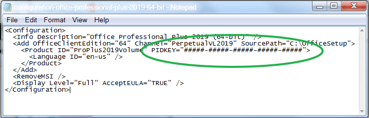 configuration file open in Notepad with PIDKEY highlighted
