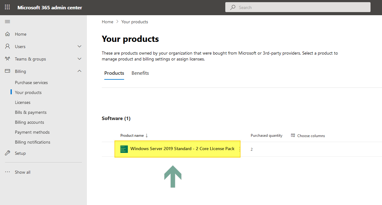 Image of Microsoft 365 admin center with downloadable products highlighted