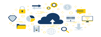 Drawing of a cloud with an arrow pointing up amid various symbols of office productivity