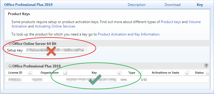 in the table beneaththe name of the product, find your product key in the column labeled key. the type column for this key should say mak, not kms.