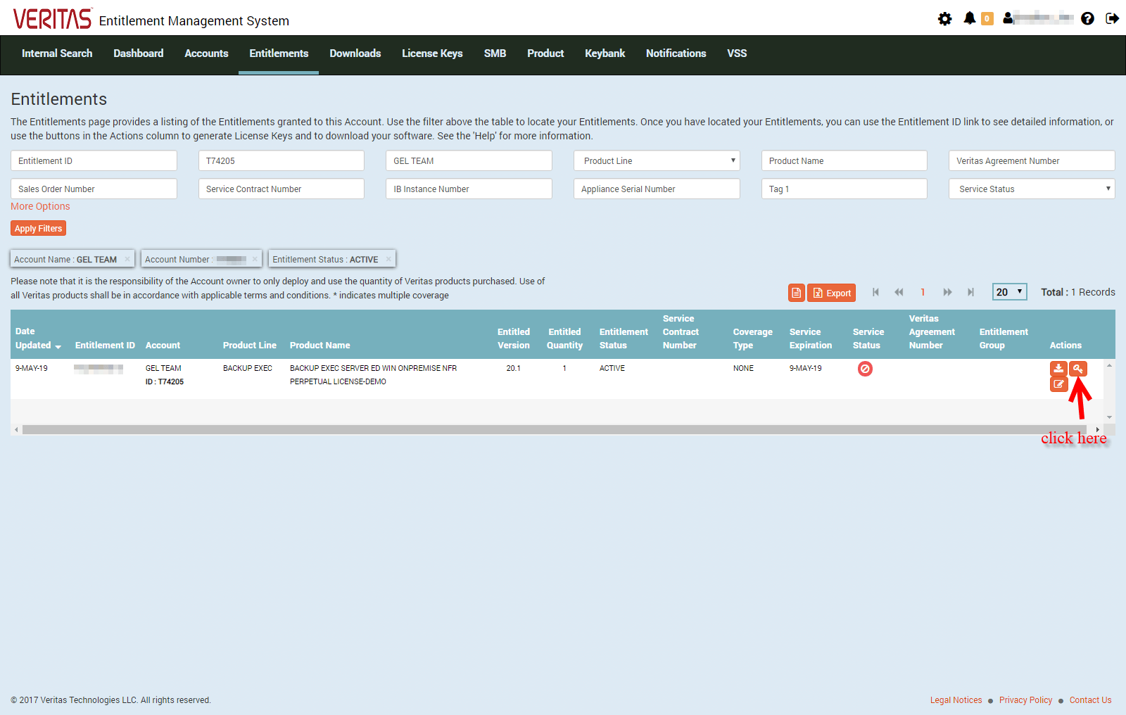 find backup exec in the list of entitlements and click the key icon under the actions column on the right side of the page.