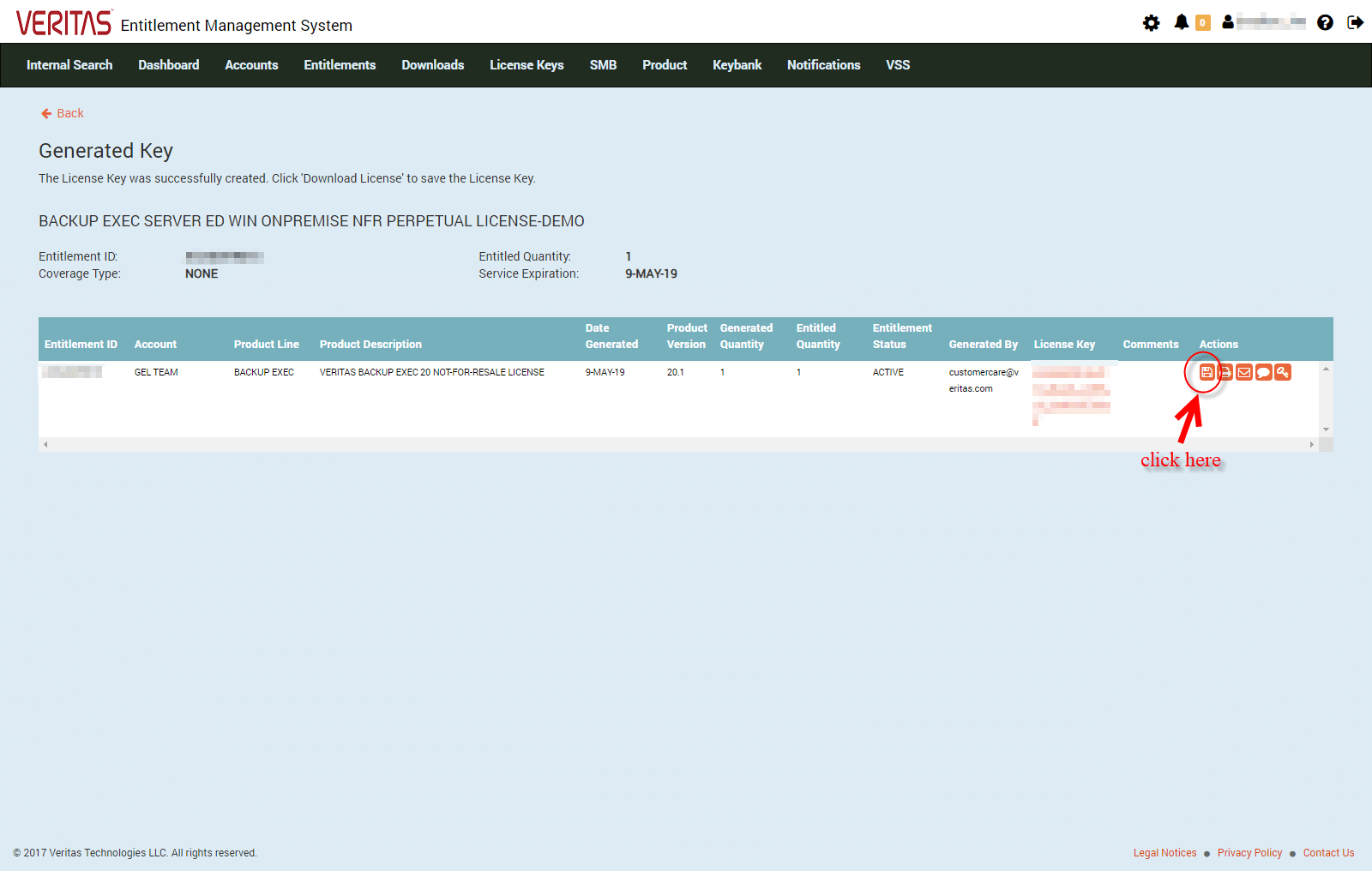 on the generated key page, click the save icon under the actions column on the right side of the page to download the license key file (.slf).
